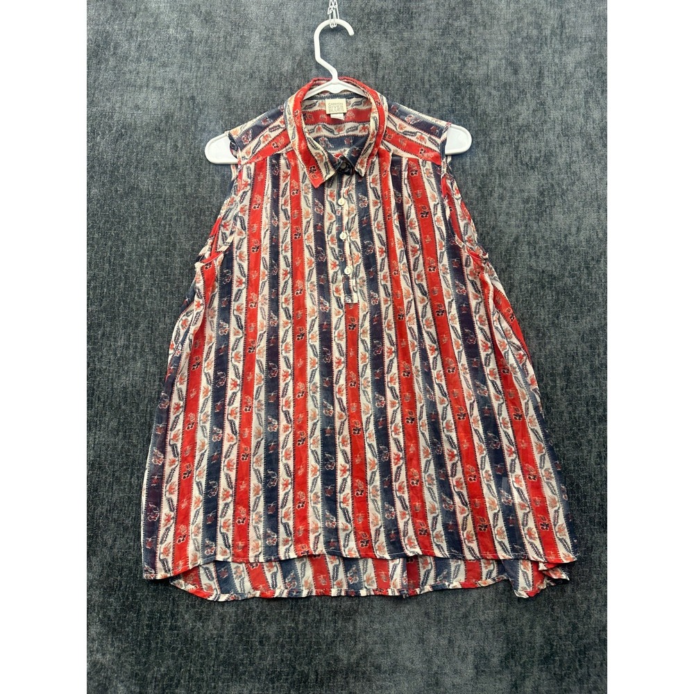Vintage Canyon River Blues Blouse Top Women Large Multi Striped Collared Pleated